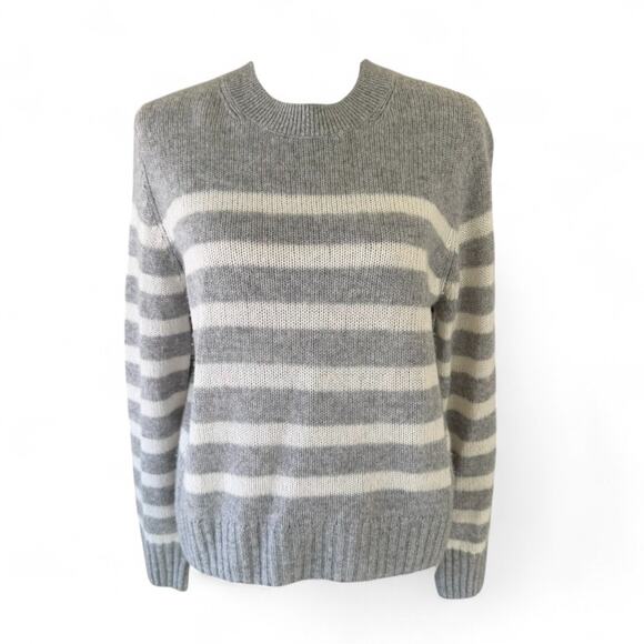 WHITE + WARREN Gray Ivory Striped 100% Cashmere Soft Cozy Crewneck Sweater Small - Picture 2 of 9